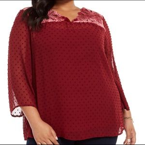 Style & Co Women’s Plus Size 2x-3X Swiss-Dot Velvet-Yoke Top Eyelet Red